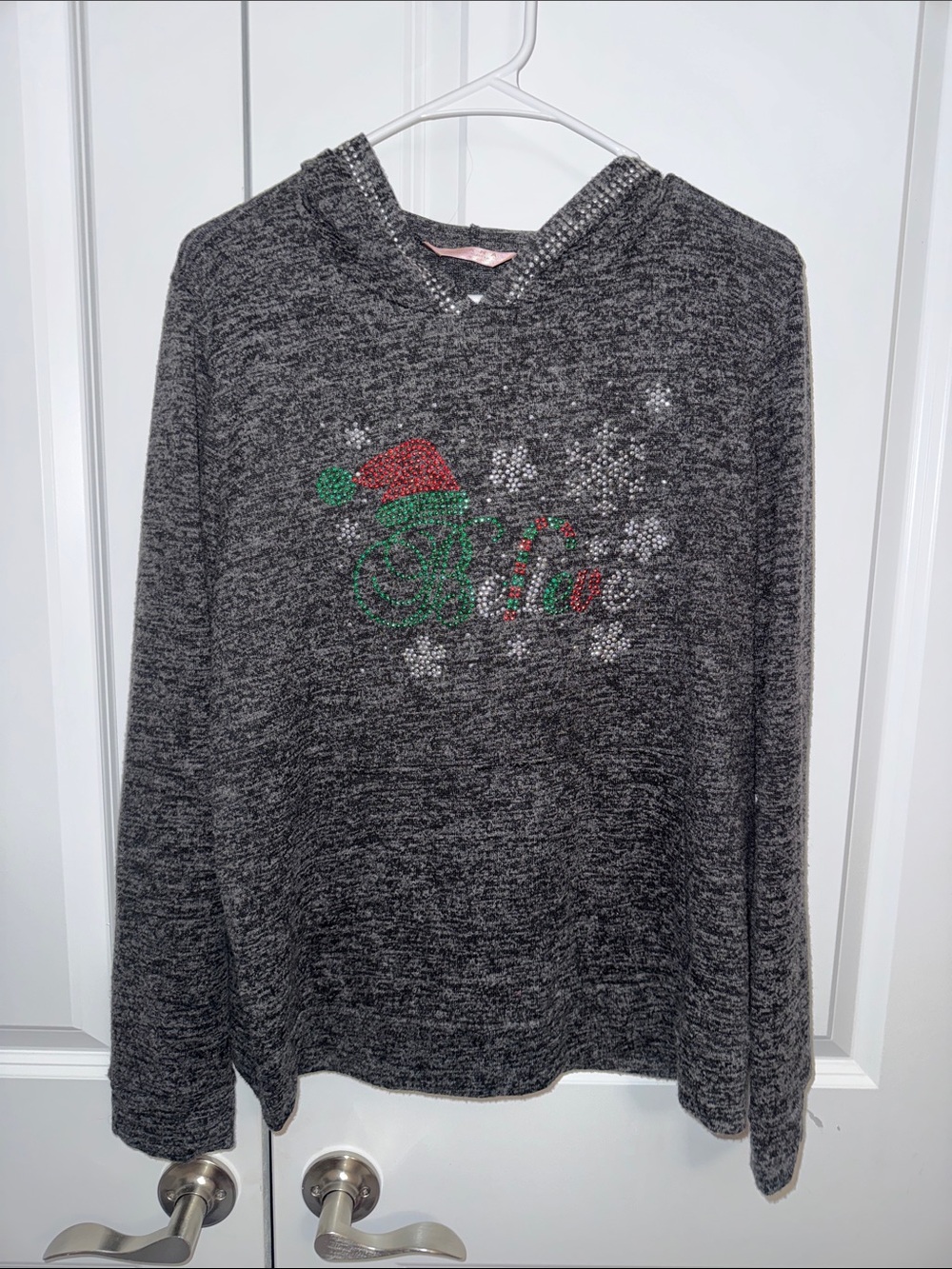 Sparkling Gray Holiday Hooded Sweater with Festive Rhinestone Accent